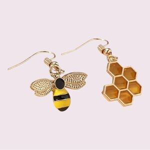 Bee & Honeycomb Earrings – Mismatched Gold Dangle Set​​